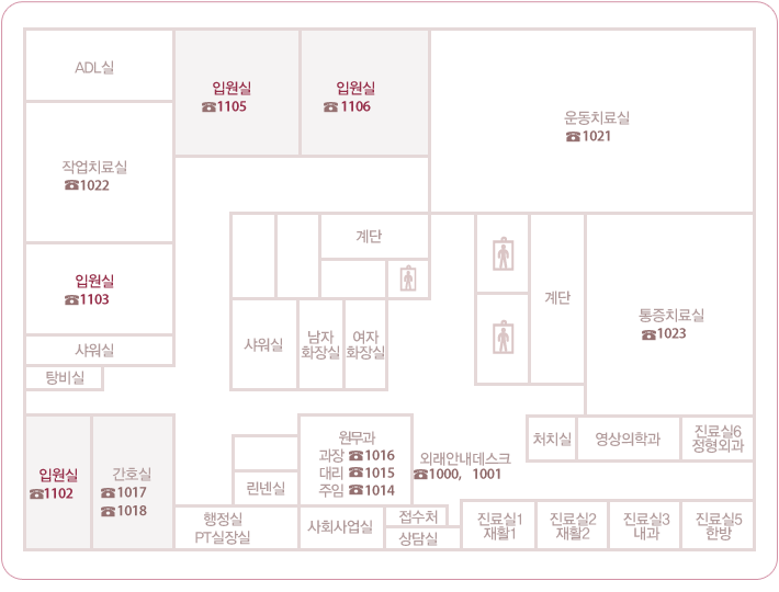 11F 입원실 1102~1106호 / 운동치료실 / 통증치료실 / 영상의학과 / 진료실 / 상담실