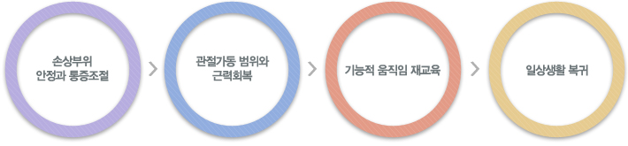 손상부위 안정과 통증조절, 관절가동 범위와 근력회복, 기능적 움직임 재교육, 일상생활 복귀